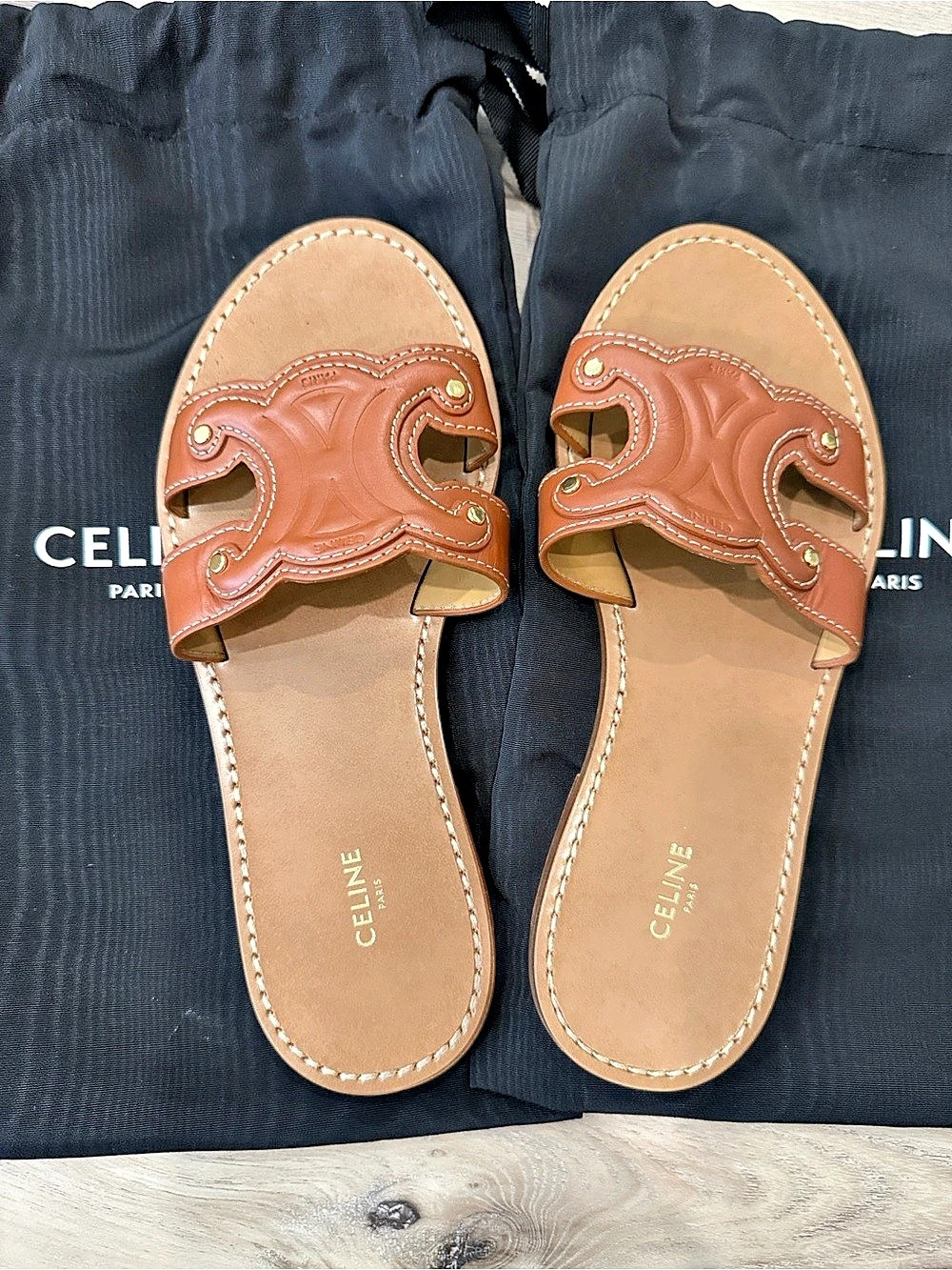 Celine Triomphe Slide in Calfskin Brown Sandals